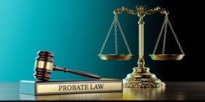 3D Illustration of Probate Law: A Judge's Gavel symbolizing the legal system, Scales of Justice, and a wooden stand displaying the text "Probate Law."