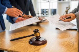 A group of business professionals and a lawyer in formal attire are seated around a desk, engaged in a meeting. They are discussing a contract, focusing on legal aspects and litigation matters.