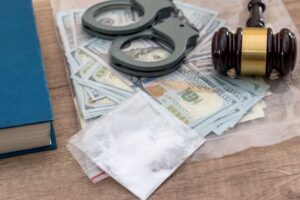 Drugs and substances prohibited, dollar, book, Judge gavel and handcuffs - arrest criminals